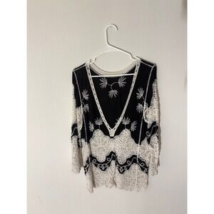 Womens Black Lace Trimmed Tunic Top 3D Floral Embellishment Long Sleeve